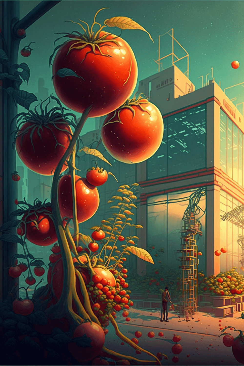 generative AI image of Retrofuturist urban farming of tomatoes